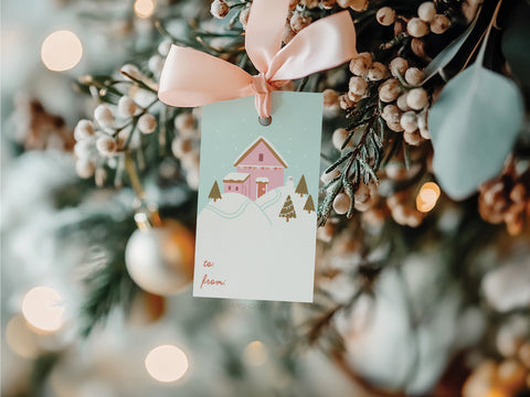 Pink Winter House on a Hilltop Gift Tags
