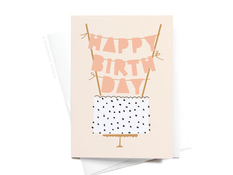 The Happy Birthday Cake Topper Folded Greeting Note Set of 10 by Onderkast Studio features cake-themed cards with bold polka dots, pink HAPPY BIRTHDAY banners, and comes with white envelopes, all crafted from premium card stock.