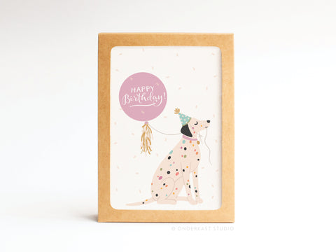 The Happy Birthday Dalmatian Folded Greeting Note Set of 10 by Onderkast Studio features a colorful dog in a party hat beside a pink balloon, with premium cards and brown envelopes—perfect for birthday wishes.