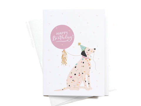 The Happy Birthday Dalmatian Folded Greeting Note Set of 10 by Onderkast Studio features a festive card with a spotted dog in a party hat and pink balloon, vibrant colors, and confetti accents—perfect for birthday wishes.