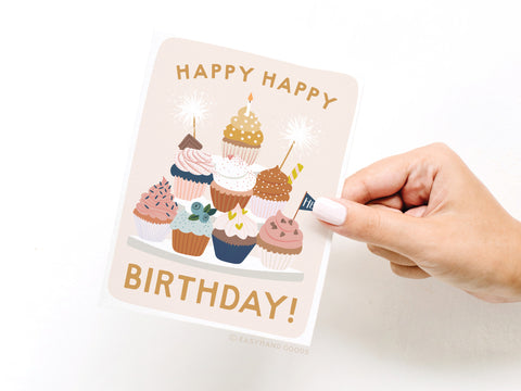 Happy Happy Birthday Cupcake Stand Greeting Card