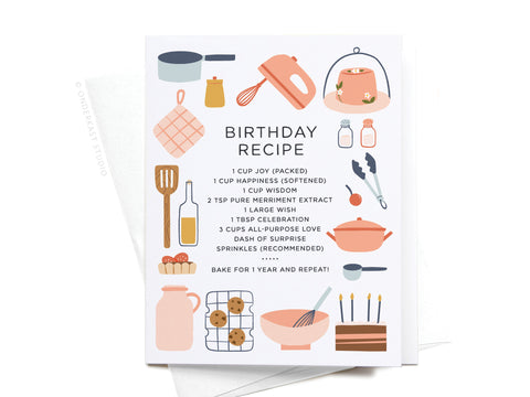 The Birthday Recipe Greeting Card by Onderkast Studio features playful kitchen illustrations and whimsical ingredients like joy and happiness. Printed in the USA, it’s a charming way to celebrate another great year!.