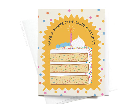 The Funfetti-filled Birthday Greeting Card by Onderkast Studio features a three-layer funfetti cake with candle, whipped cream, and blue candies, plus Have a Funfetti-Filled Birthday! on a yellow confetti-style background.