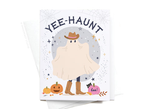 The Yee-Haunt Greeting Card by Onderkast Studio features a ghost in a cowboy hat and boots with fun Halloween motifs. Perfect for sending wild west holiday greetings!.
