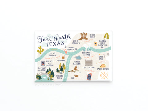 The Fort Worth Map Refrigerator Magnet by Onderkast Studio features playful pastel icons of Texas landmarks like the Botanic Garden, Stockyards, Zoo, and Sundance Square—an ideal way to celebrate your favorite city!.