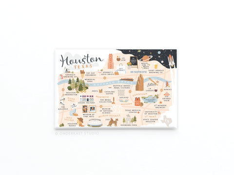The Onderkast Studio Houston Map Refrigerator Magnet features playful icons of rockets, animals, buildings, and landmarks like NASA, Hermann Park, and Buffalo Bayou—a charming Texas souvenir for your fridge.