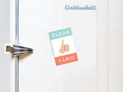 An Onderkast Studio Dirty Clean Thumbs Up/Down Dishwasher Refrigerator Magnet features green CLEAN and red DIRTY sections plus thumbs up/down icons—making it easy to see your dishes’ status at a glance.