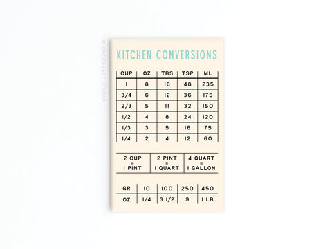 The Onderkast Studio Kitchen Conversions Refrigerator Magnet displays measurements for cups, ounces, tablespoons, teaspoons, milliliters, pints, quarts, gallons, grams to ounces and pounds on a white chart—ideal for quick kitchen reference.