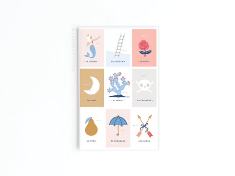 The Onderkast Studio Lotería Refrigerator Magnet set includes nine magnets featuring classic Mexican game images—mermaid, ladder, rose, and more—each labeled in Spanish with a number and colored in soft tones for vibrant decor.
