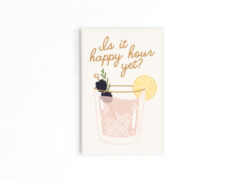 The Onderkast Studio Is It Happy Hour Yet Cocktail refrigerator magnet features a vibrant cocktail with blackberries, lemon, and rosemary, plus the playful text: Is it happy hour yet? A stylish addition to your kitchen decor.