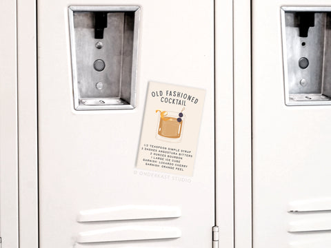 The Old Fashioned Cocktail Recipe Refrigerator Magnet by Onderkast Studio features an illustrated recipe with a glass, ice, garnish, and cherry—ideal for anyone wanting to enhance their mixology skills.