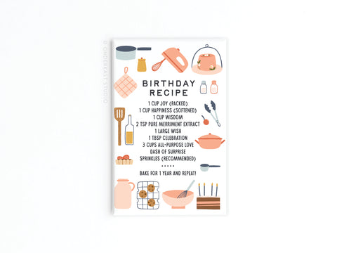 A recipe-themed birthday card with cute kitchen utensil art, perfect for celebrating special moments. Features playful ingredients like joy and wisdom—plus, it pairs perfectly with the Onderkast Studio Birthday Recipe Refrigerator Magnet!.