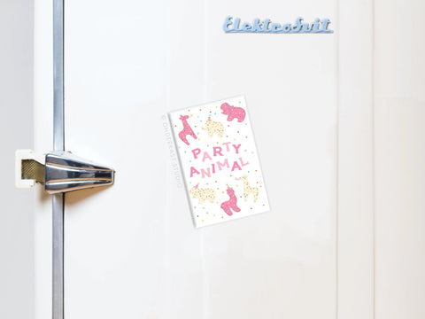 A white fridge with a silver handle displays the Onderkast Studio Party Animal Frosted Animal Cookies Refrigerator Magnet, vibrantly printed with colorful animals and confetti. Elektrobrüt appears in blue on the fridge.