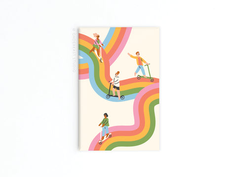 The Waves of Happiness Refrigerator Magnet by Onderkast Studio features four people on scooters along rainbow paths, radiating joy in casual attire—beautifully printed in vibrant colors for a cheerful fridge accent.