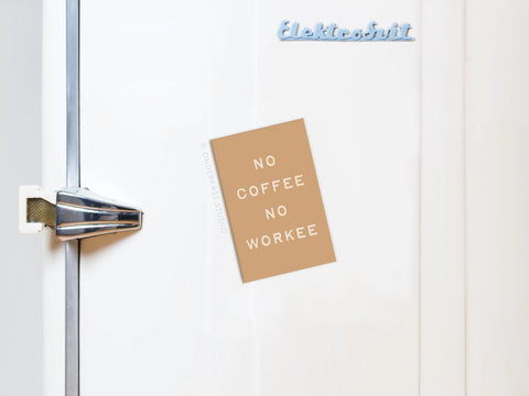 A beige No Coffee No Workee Refrigerator Magnet by Onderkast Studio is displayed on a white fridge with a chrome handle and a blue Elektrosvit logo in the top right, making it perfect for coffee lovers.