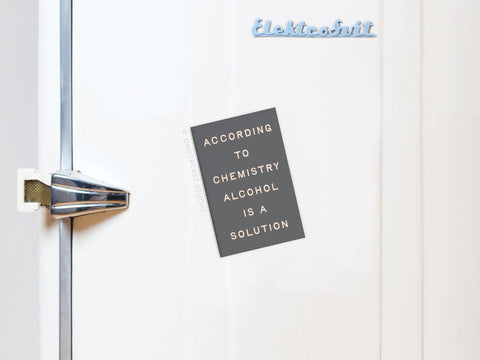 The Onderkast Studio Alcohol Is a Solution Refrigerator Magnet adds witty charm to any kitchen, shown here on a white fridge with a metal handle and Elektrosvit branding on the upper right of the door.