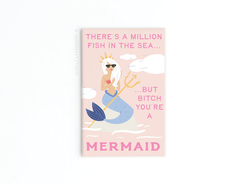 Add some sass to your fridge with Onderkast Studio’s “Bitch You’re a Mermaid” Refrigerator Magnet, featuring a crowned mermaid in sunglasses holding a drink. Pink text reads: There’s a million fish in the sea…but bitch you’re a MERMAID.
