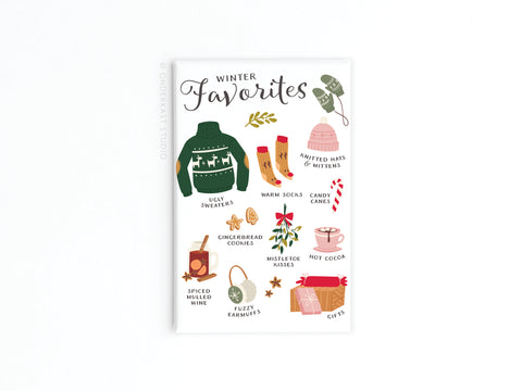 Brighten your fridge with the Onderkast Studio Winter Favorites Refrigerator Magnet, featuring cozy sweaters, hats, socks, candy canes, cookies, and more—perfect for adding holiday cheer to your home.