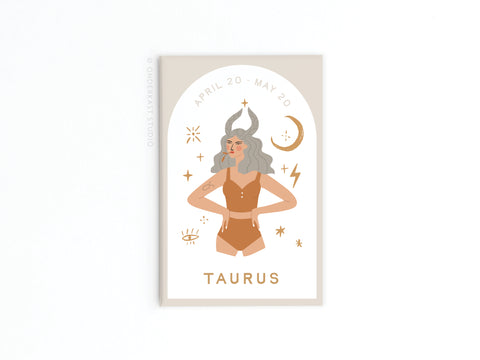 Onderkast Studios Taurus Zodiac Refrigerator Magnet features a minimal, earthy-toned design of a gray-haired woman with bull horns, stars, and moon symbols. Includes April 20–May 20 dates—perfect for Taurus-themed fridge décor.