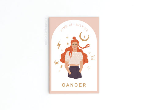 The Onderkast Studio Cancer Zodiac Refrigerator Magnet features a woman with long red hair, astrology symbols, and June 21 - July 22 in soft pink, gold, and white—an enchanting addition to any fridge.