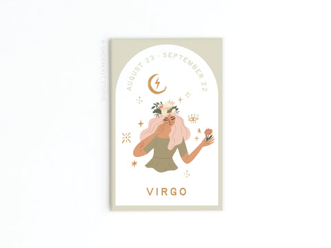 Featuring a woman with pink hair, a flower crown, and holding a flower among stars and symbols, the Onderkast Studio Virgo Zodiac Refrigerator Magnet captures cosmic elegance—perfect for those who value beauty and analytical nature.