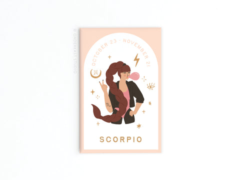 Onderkast Studio’s Scorpio Zodiac Refrigerator Magnet features a vibrant illustration of a confident woman with a scorpion tail, popping bubblegum. Dates (October 23 – November 21), “Scorpio,” zodiac symbols, and stars accent her enigmatic personality.