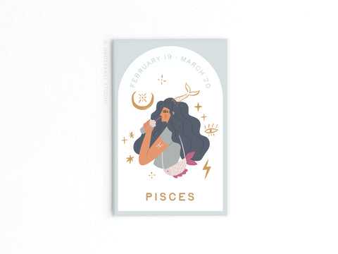 Onderkast Studio’s Pisces Zodiac Refrigerator Magnet features a woman with long dark hair, a fish tail, and celestial symbols—ideal for astrology lovers seeking a cosmic accent.