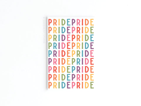 The Onderkast Studio Pride Refrigerator Magnet features the word PRIDE in a rainbow grid on a white background, creating a bold symbol of LGBTQ+ unity and support.