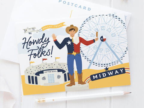 The Onderkast Studio Howdy Folks Postcard features a cowboy in red, white, and blue near the Cotton Bowl and Texas Star Ferris wheel, with Howdy Folks! and Midway text. Envelope and pencil included.