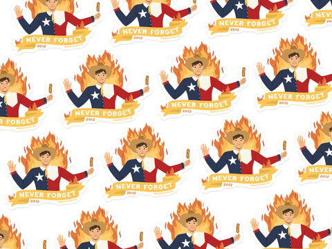 The Never Forget Blazing Big Tex Sticker by Onderkast Studio features a cartoon in a Texas flag shirt before flames, holding a sausage with a Never Forget 2012 banner—perfect as a weatherproof Texas history sticker.