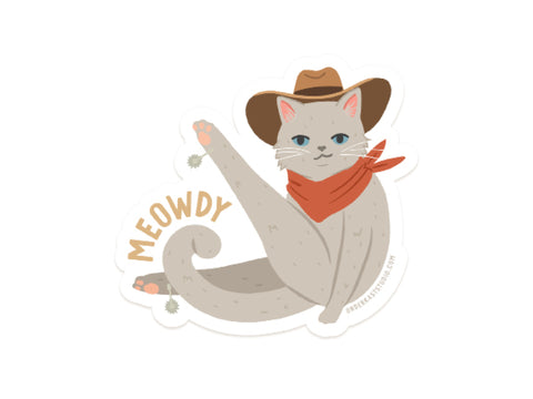 The Meowdy Sticker by Onderkast Studio features a gray cowboy cat in a hat and red bandana with MEOWDY playfully beside it—a fun die cut vinyl sticker for quirky cat and cowboy fans!.