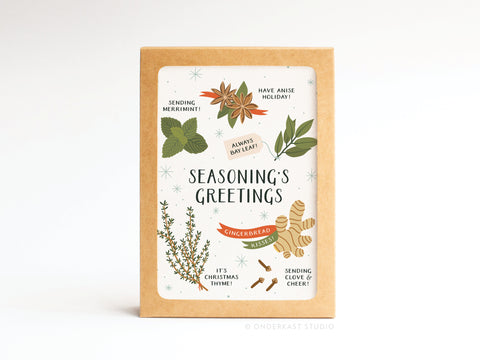 The Seasoning’s Greetings Folded Greeting Note Set of 10 by Onderkast Studio features USA-printed cards with herb and spice illustrations, puns like It’s Christmas thyme!, and premium card stock.