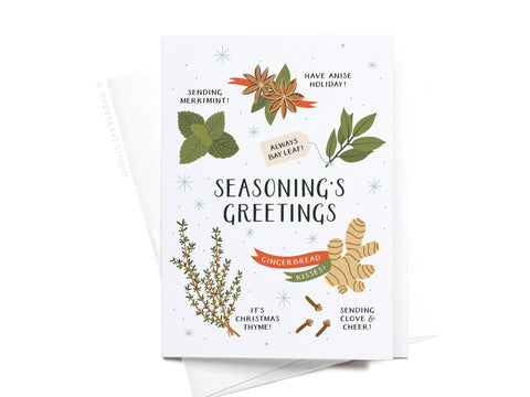 The Seasoning’s Greetings Folded Greeting Note Set of 10 by Onderkast Studio features playful herb and spice illustrations with puns, printed on premium card stock in the USA with a crisp white background.