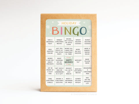 The Onderkast Studio Holiday Bingo Folded Greeting Note Set of 10 features festively printed bingo cards on premium card stock with holiday-themed squares, presented on a kraft-colored background.