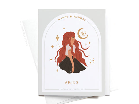 The Happy Birthday Aries Zodiac Greeting Card by Onderkast Studio features an illustrated woman with long red hair, celestial symbols, and Happy Birthday and Aries with March 21–April 19—perfect for any Aries celebration.