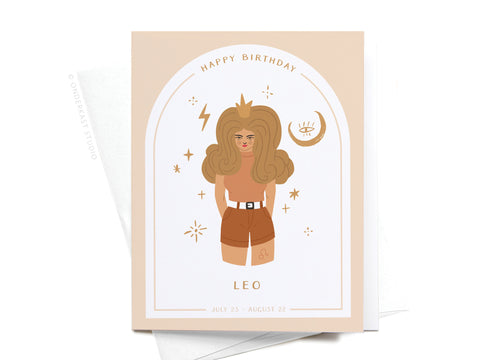 The Happy Birthday Leo Zodiac Greeting Card by Onderkast Studio features a cartoon woman with voluminous hair in brown shorts and a beige top, surrounded by stars, a lightning bolt, and crescent moon. Dates July 23 - August 22 included.