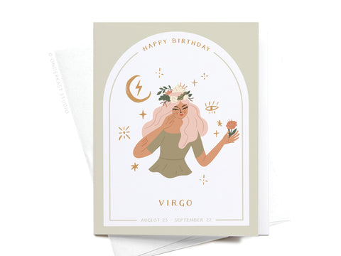 The Happy Birthday Virgo Zodiac Greeting Card by Onderkast Studio features an illustrated woman with flowers and a cactus among celestial symbols, and includes “Happy Birthday,” “Virgo,” and “August 23 - September 22.”.