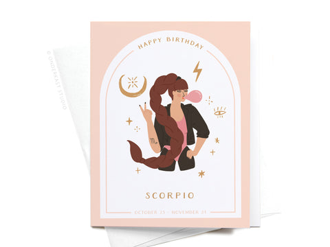 The Happy Birthday Scorpio Zodiac Greeting Card by Onderkast Studio features an illustrated woman with a scorpion tail blowing pink bubblegum, surrounded by zodiac icons, a crescent moon, and stars. Text: Happy Birthday and Scorpio, October 23 – November 21.
