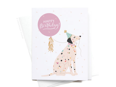 The Happy Birthday Dalmatian Greeting Card by Onderkast Studio features a Dalmatian in a party hat holding a Happy Birthday! balloon, with confetti on a white background. Printed in the USA.