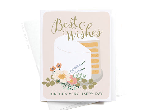 The Best Wishes Cake Greeting Card by Onderkast Studio features a white frosted cake with flowers and the message “Best Wishes” above and “On this very happy day” below—an ideal wedding or cake-themed greeting card.