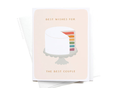 The Onderkast Studio Best Wishes Rainbow Cake Greeting Card shows a white frosted cake with colorful rainbow layers and gold Best wishes for the best couple lettering—perfect as a premium wedding greeting card.