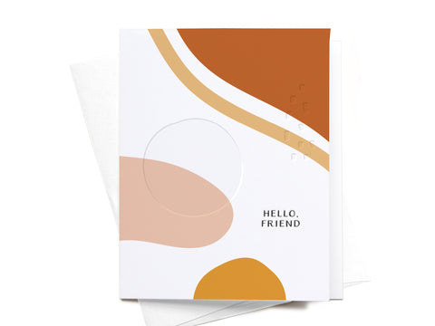 The Hello, Friend Abstract Letterpress Greeting Card by Onderkast Studio features beige, tan, brown, and mustard yellow shapes on white with HELLO, FRIEND in black text at the lower right. Envelope partially visible. FINAL STOCK.