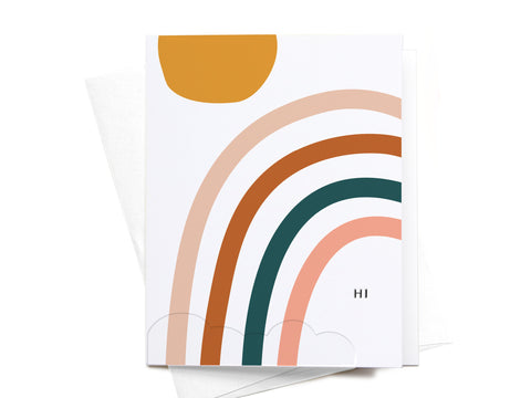 The Hi Rainbow Letterpress Greeting Card by Onderkast Studio features warm arches, a mustard semicircle in the top left, and “HI” in black on the bottom right. Includes a white envelope; A2 size.