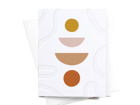 The Blank Modern Shapes Letterpress Greeting Card by Onderkast Studio features abstract yellow, beige, tan, and orange geometric shapes on textured white paper. Includes an envelope for a premium touch. FINAL STOCK.