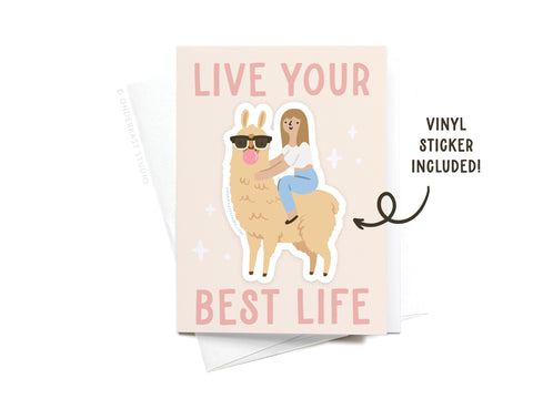 The Onderkast Studio Live Your Best Life Llama Sticker Greeting Card features a cartoon woman riding a llama with sunglasses, printed on white cardstock. Includes a matching vinyl sticker! Blank inside.