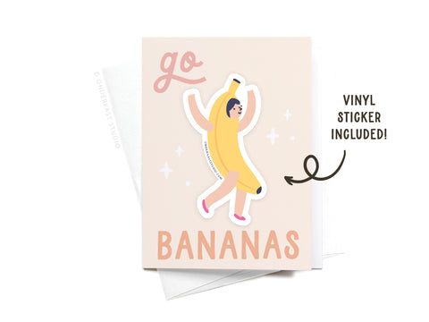 The Go Bananas Sticker Greeting Card by Onderkast Studio features a dancing banana-costumed person on thick white card stock and comes with a matching vinyl sticker—just look for the arrow and VINYL STICKER INCLUDED! text!.