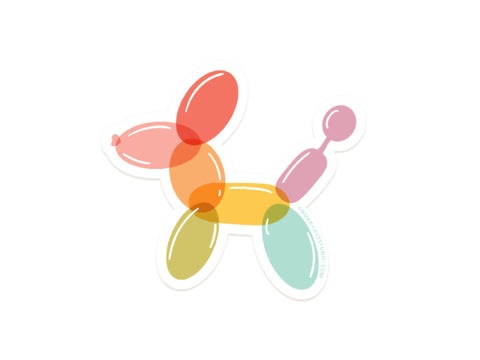 The Balloon Animal Sticker by Onderkast Studio features a vibrant dog shape in red, orange, yellow, green, and blue sections on white. Made from durable vinyl, it’s a fun way to brighten any surface.