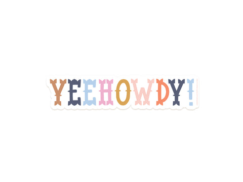 The Yeehowdy! Sticker by Onderkast Studio features “YEEHOWDY!” in all-caps western-style pastel letters on white. Made from durable, water-resistant vinyl for long-lasting fun.