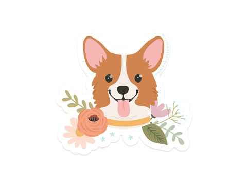 The Onderkast Studio Corgi Floral Sticker features a smiling corgi with its tongue out among colorful flowers and green leaves. Made from durable, water-resistant vinyl, its perfect for decorating any surface.