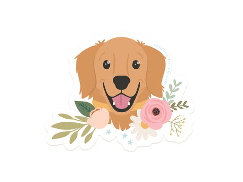 The Golden Retriever Floral Sticker by Onderkast Studio features a joyful retrievers face with pastel flowers and green leaves on white, printed on durable, water-resistant vinyl.